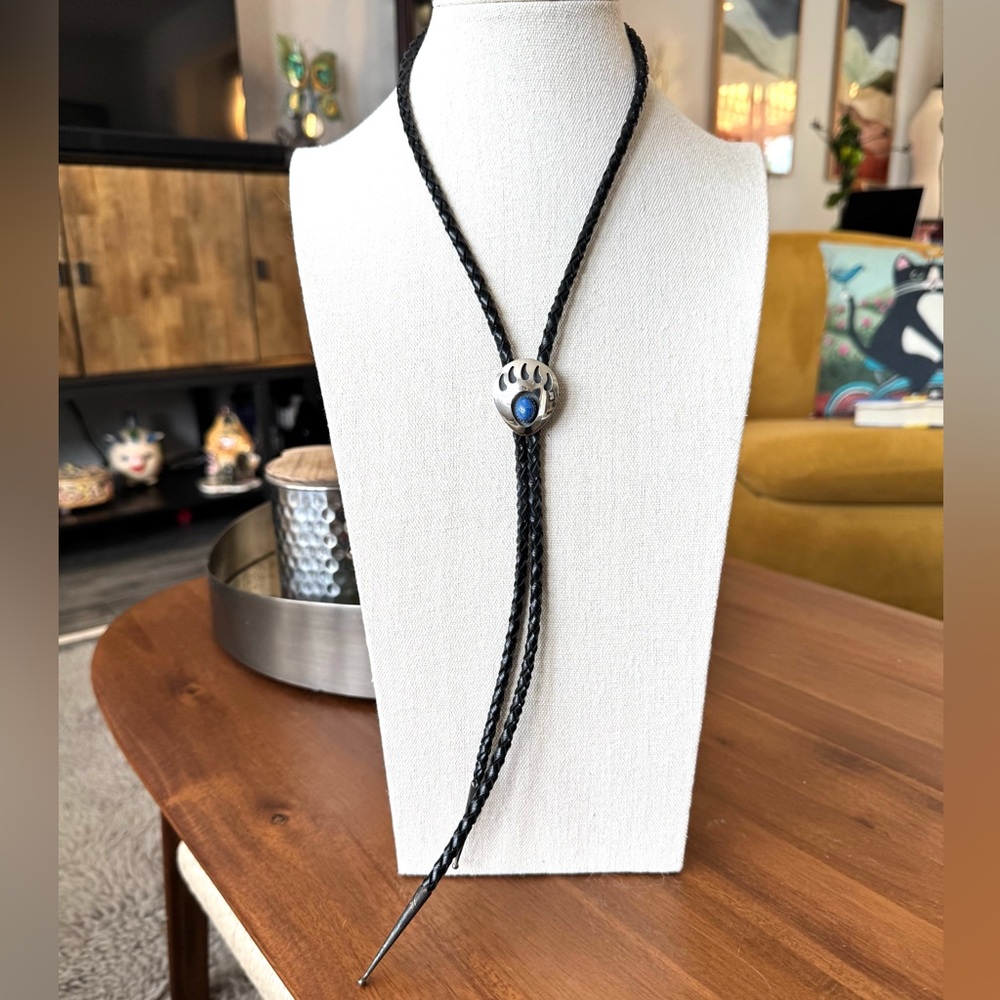 Silver - Lapis Bear Claw Pendant Black Braided Bolo Tie